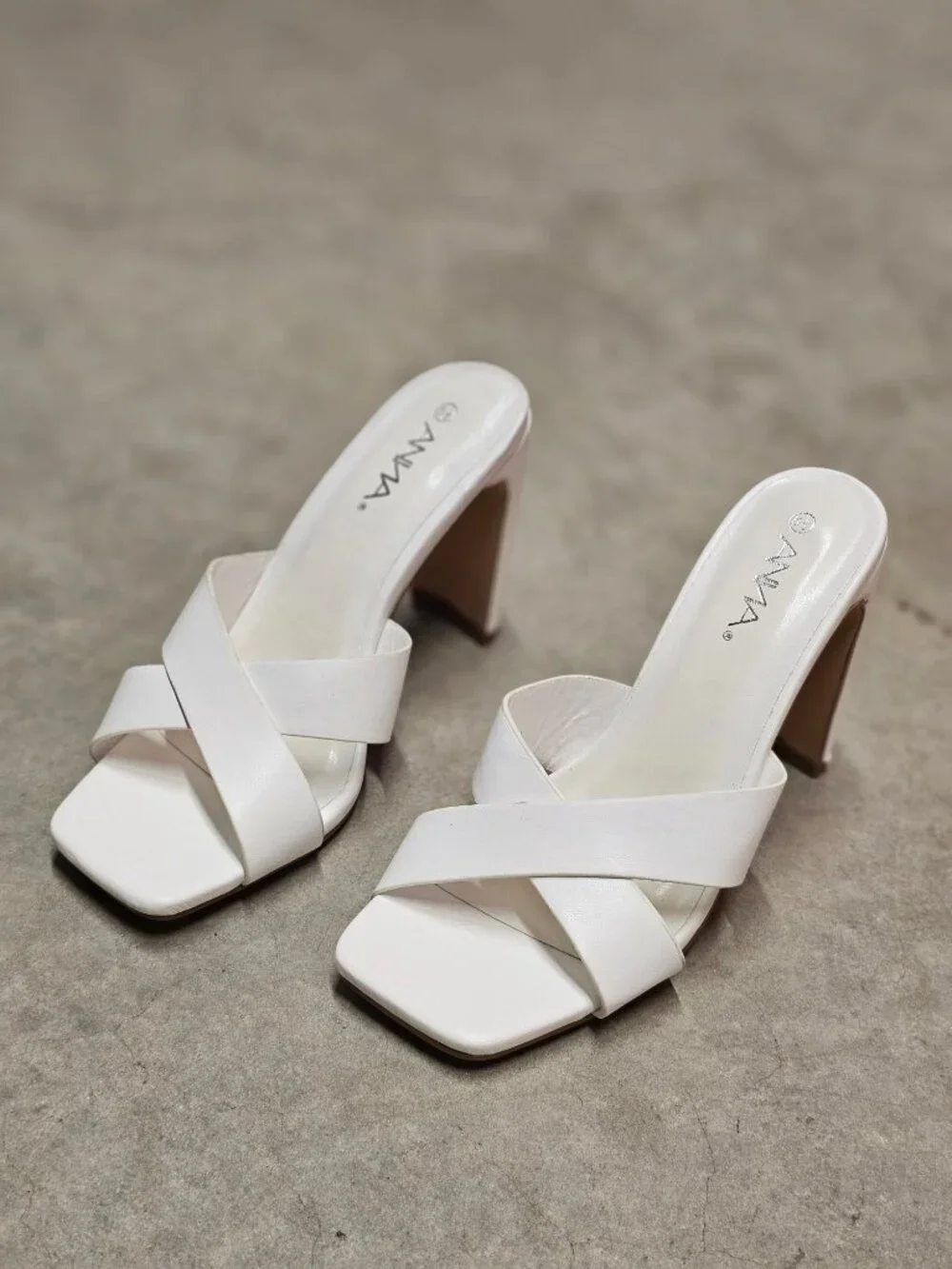 White Open-Toe Heeled Sandals With Cross-Strap Design & Square Toe By Anna - Picture 3 of 12